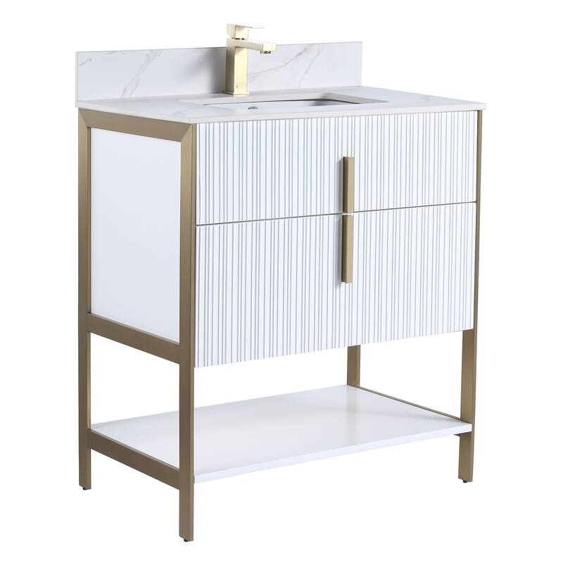Fine Fixtures Serenity Modern Bathroom Vanity with White Carrara Stone Top - White Matte - Brass Hardware - 30 inch
