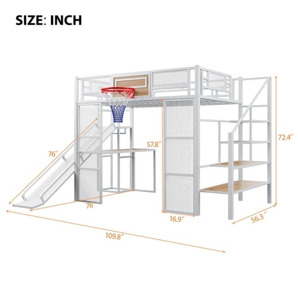 dimension image slide 1 of 2, Industrial Full Size Loft Bed with Basketball Hoop, Slide & Stairs, Heavy Duty Metal Loft Bed Frame with Shelf, Desk & Wardrobe