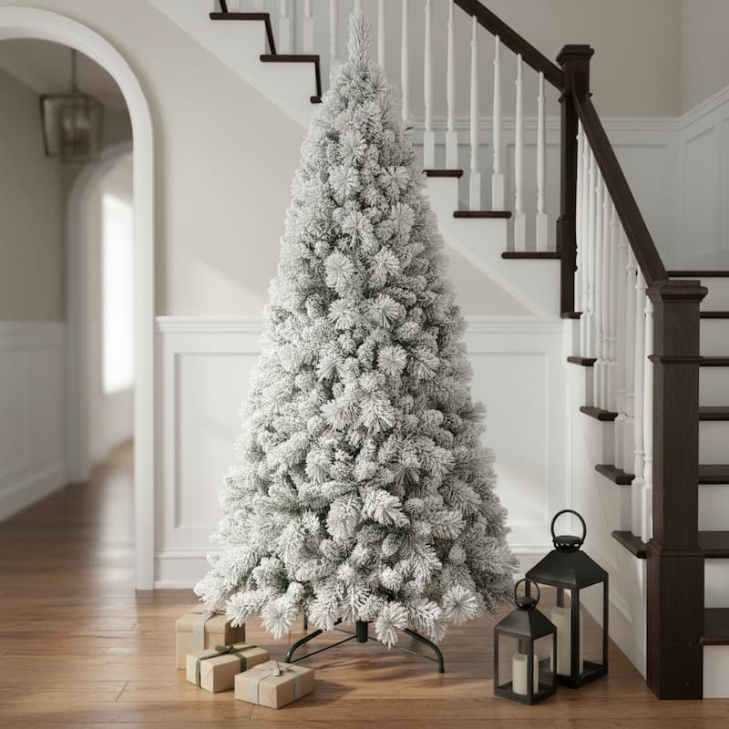 HomeRoots 9' Green And White Slender Flocked Pine Christmas Tree - 7.5 Foot