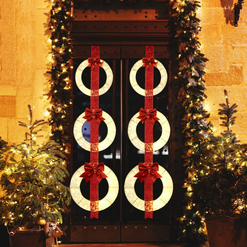 Gymax Set of 3 Christmas Lighted Wreaths Pre-Lit Metal Wreaths on Red - Multi-colors - See Details