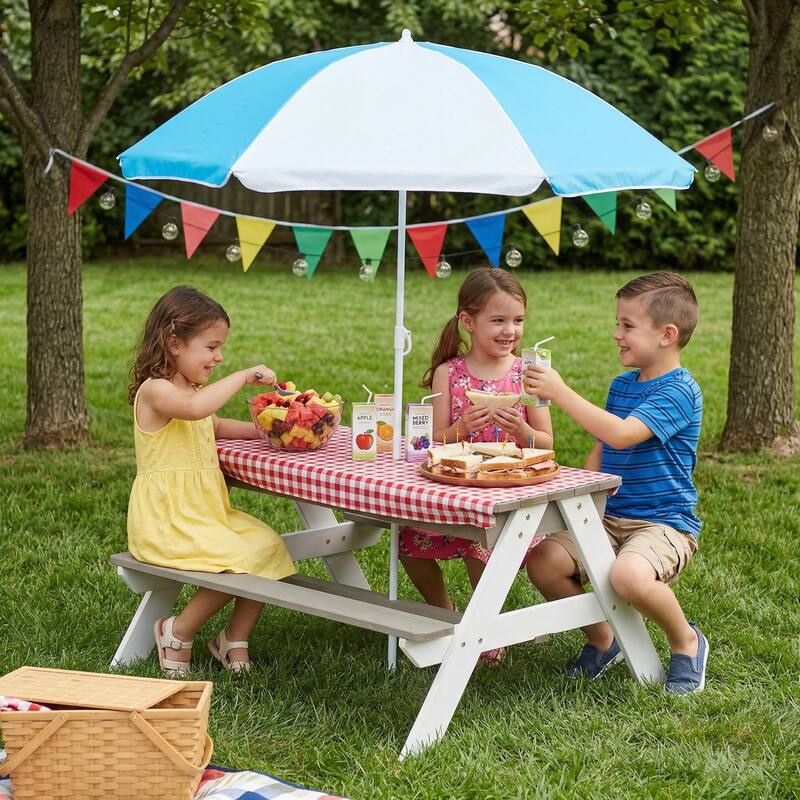 Wooden Kids Picnic Table, Sand and Water Table with Umbrella, Activity Table for Outdoor Backyard Patio Play