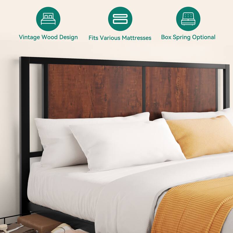 Queen Vintage Wood and Metal Headboard Platform Bed