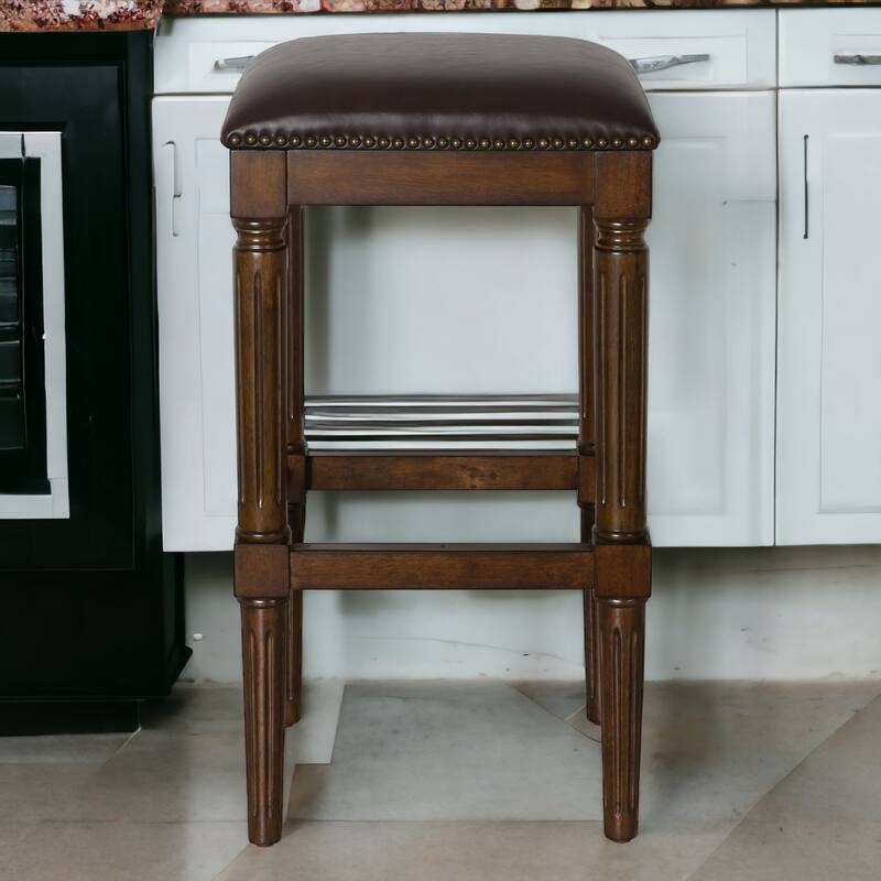 HomeRoots 31" Brown And Dark Brown Solid Wood Backless Bar Height Bar Chair