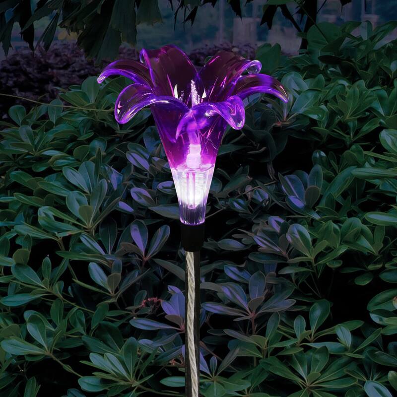 Exhart Solar Plastic Lily Garden Stake in Purple, 4 by 35 Inches