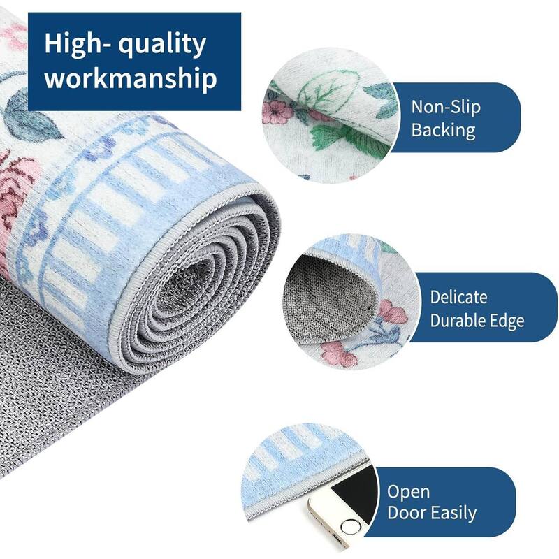 Modern Floral Machine Washable Indoor Waterproof Area Rug for Bedroom, Living Room, Blue - 2' x 3'