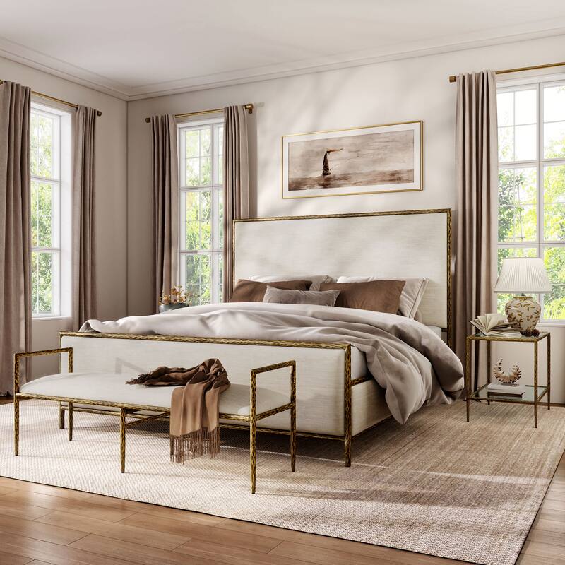 247 Shop At Home Lalia Modern 4-Piece Upholstered Hammered Metal Panel Bedroom Set with 2 Nightstands and Bench - Matte Gold - King