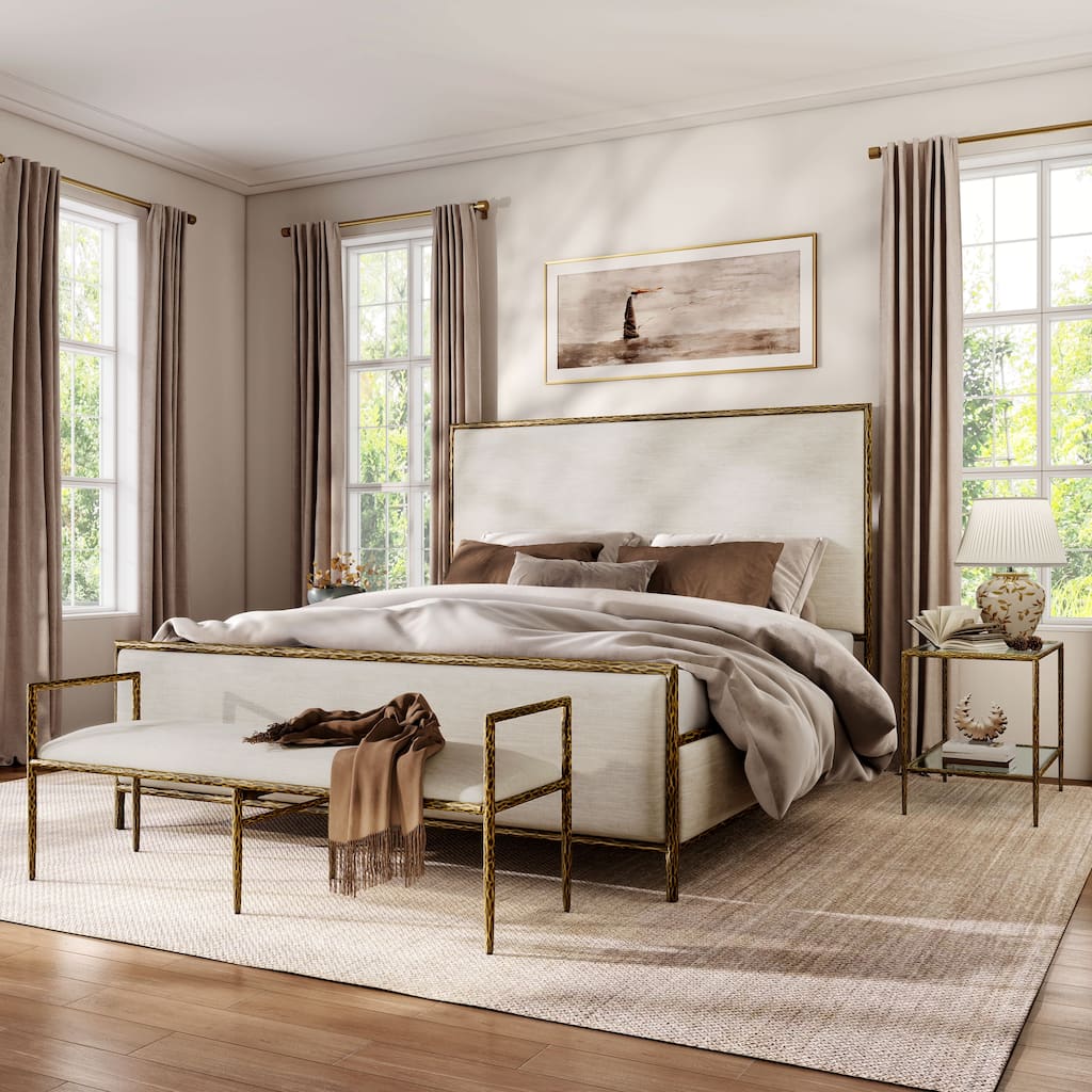 247 Shop At Home Lalia Modern 4-Piece Upholstered Hammered Metal Panel Bedroom Set with 2 Nightstands and Bench