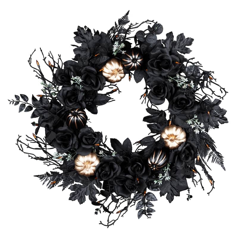 National Tree Company 24" Artificial Chic Eek Black and Gold Halloween Wreath, 40 Orange LED Lights, Battery Operated