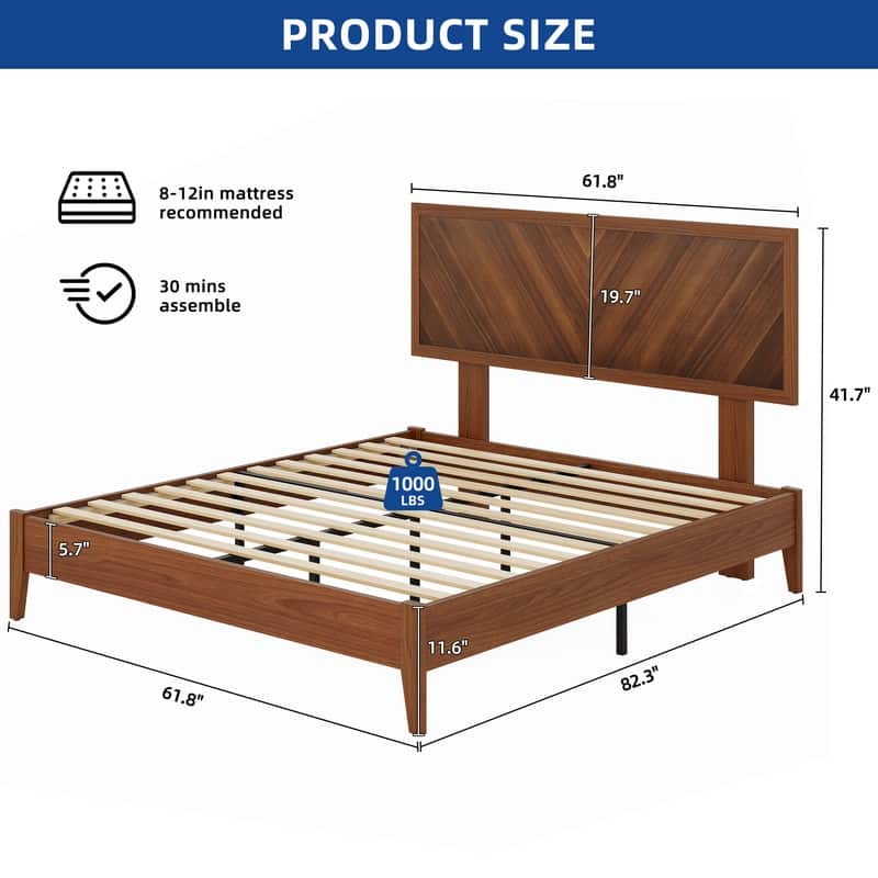 Moasis Farmhouse Rustic Brown Wood Bed Frame with Adjustable Headboard&Slats Support - Queen