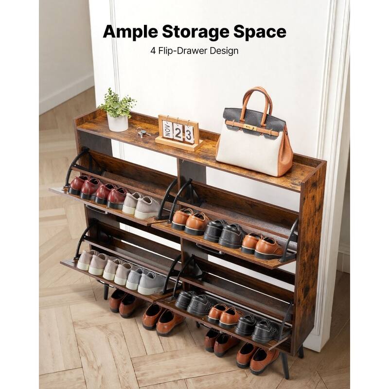 4-Drawer Brown Shoe Organizer Cabinet with Adjustable Flip Storage for Entryway Hallway or Foyer - 47.24 x 9.45 x 41.34 in