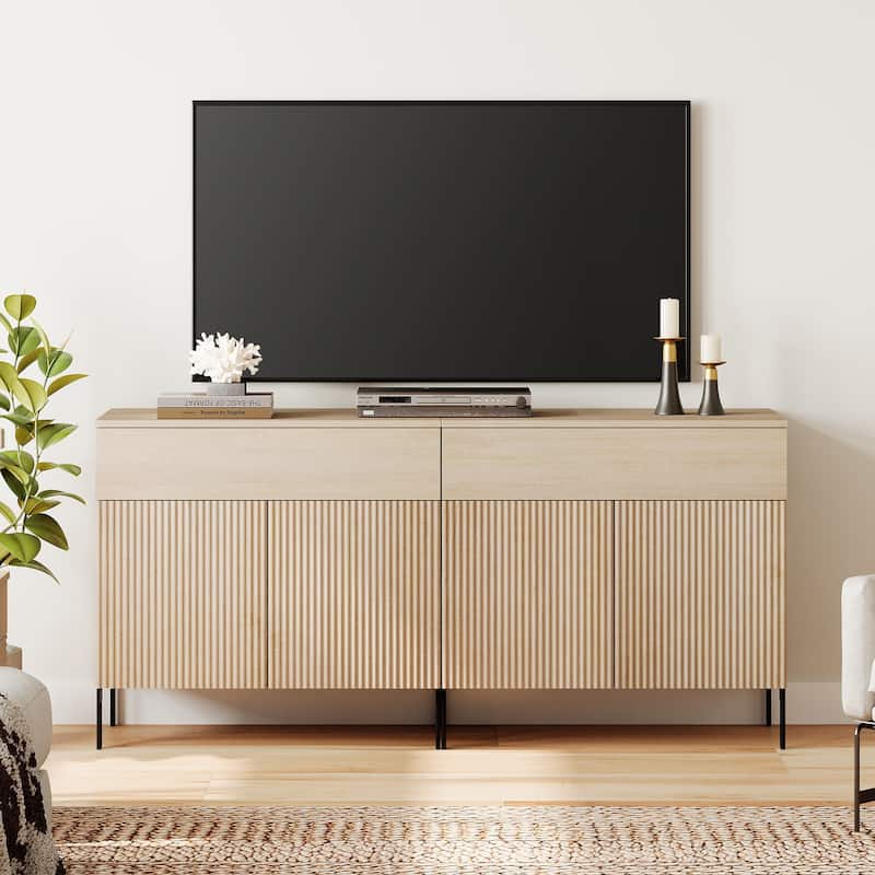31.5" Modern Reeded TV Stand With Doors, Entertainment Center With Shelf, Wooden TV Console - 2PCS - Beige