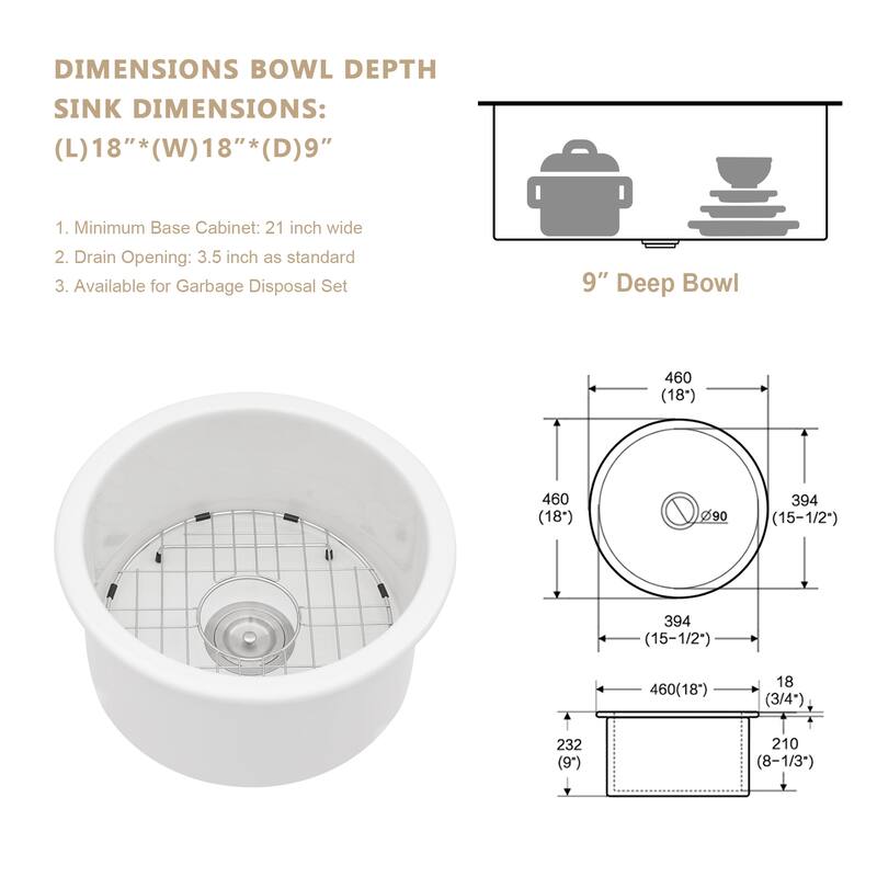 Kichae 18 Inch Ceramic Sink Undermount Round Small Kitchen Sink Bar Sink - 18 in.W x 18 in.D x 9 in.H