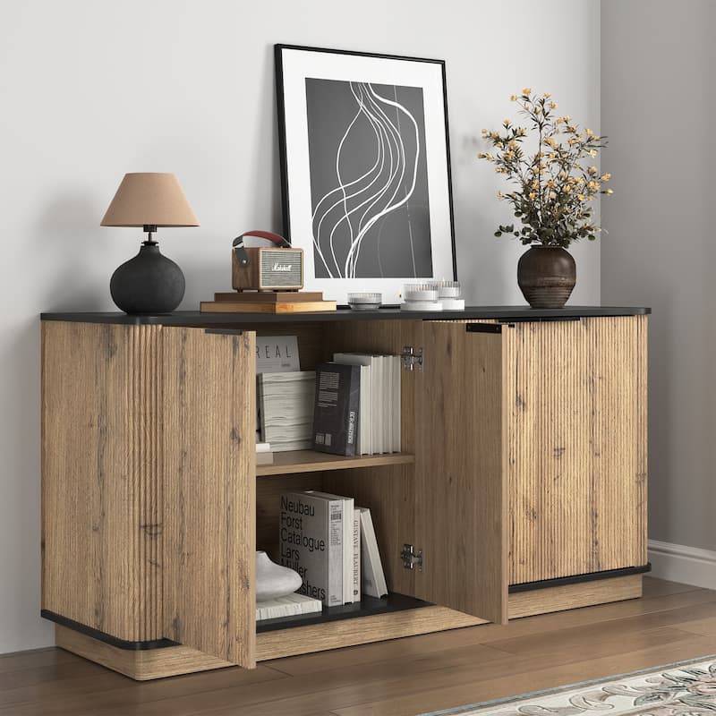 Metal Rounded Corner Design Sideboard Buffet Storage Cabinet, Living Room Accent Cabinet TV Cabinet Media Console Table - Black+Natural