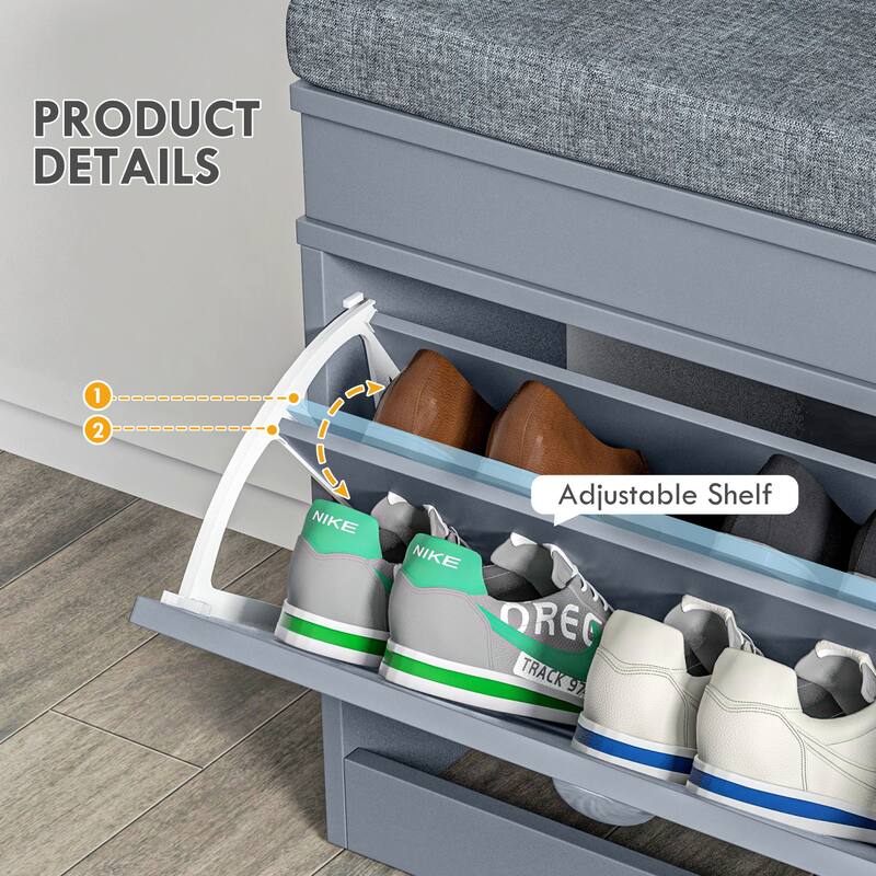 Modern Shoe Rack Bench for Entryway, Storage Organizer with Cushion, 2 Drawers, Adjustable Shelf