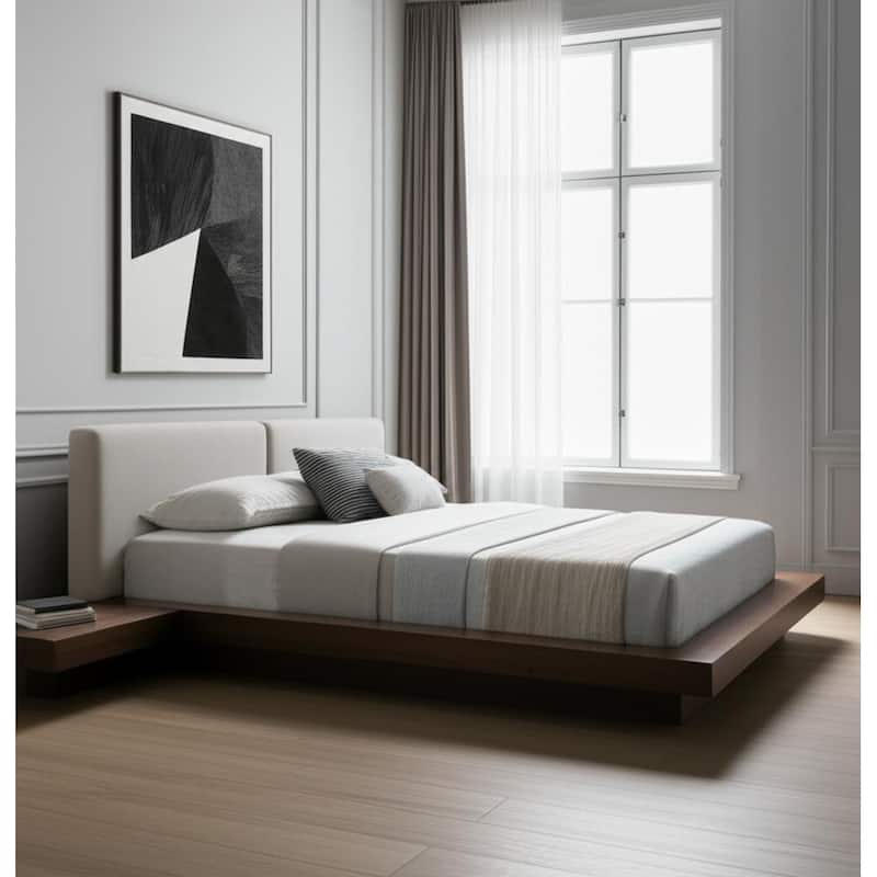 HomeRoots Gray and Walnut Wood And Faux Leather Queen Bed Frame With Attached Nightstands - Queen