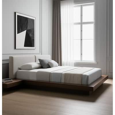 HomeRoots Gray and Walnut Wood And Faux Leather Queen Bed Frame With Attached Nightstands