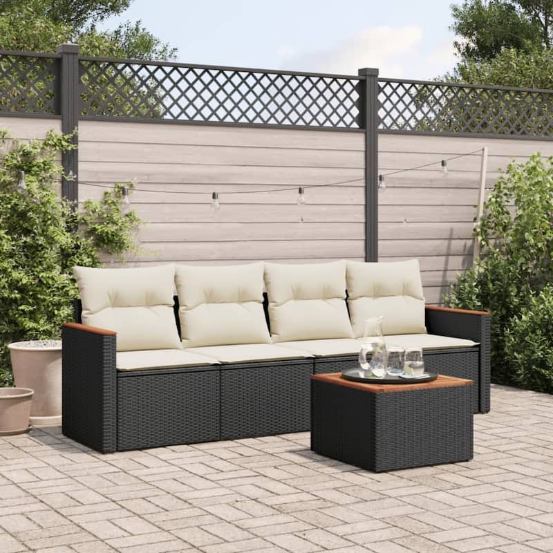 vidaXL Patio Sofa Set with Cushions Outdoor Conversation Furniture Poly Rattan - Black and cream Medium With table