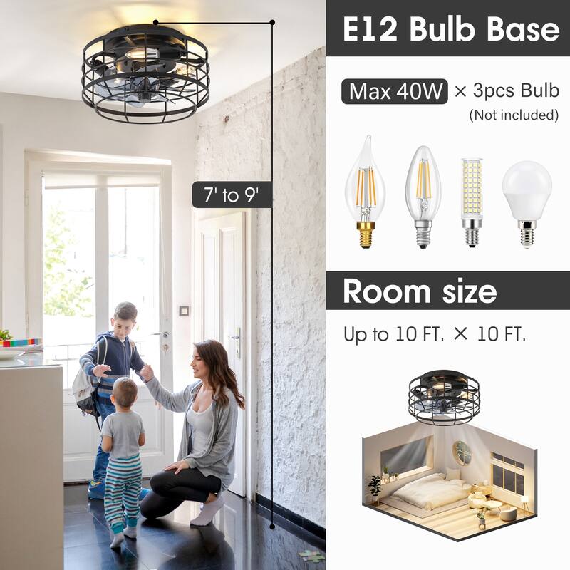 12" Low Profile Enclosed Cage Ceiling Fan with Light and Remote