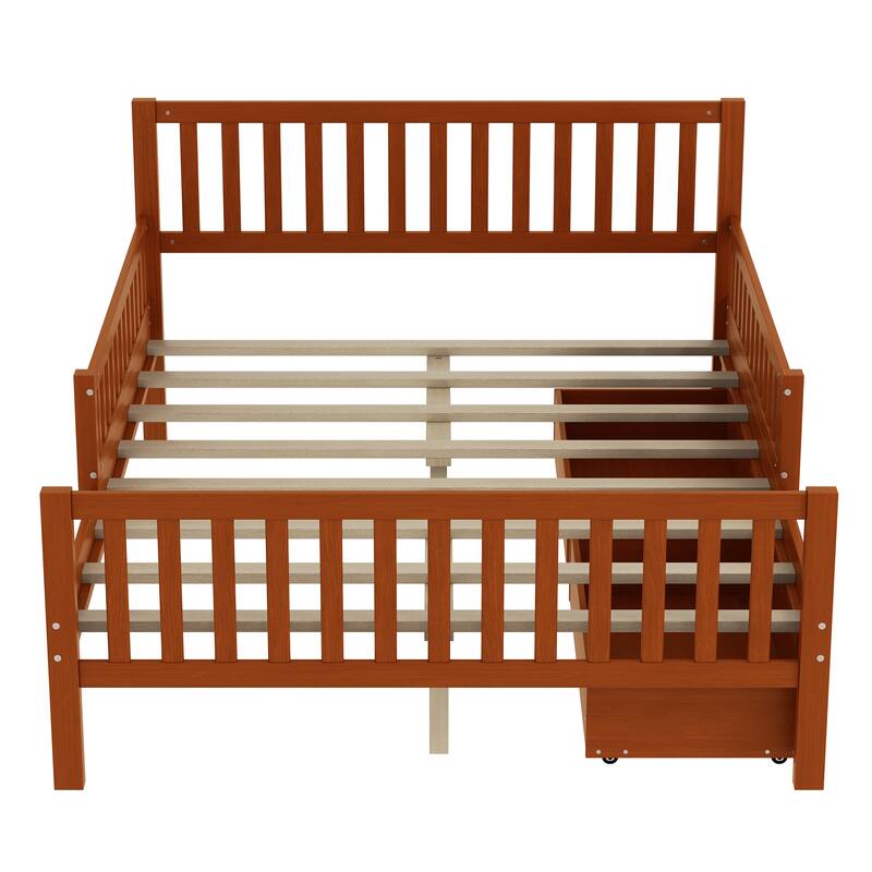 Wood Twin/Full Size Wood Platform Bed with Guardrails on Both Sides and Two Storage Drawers