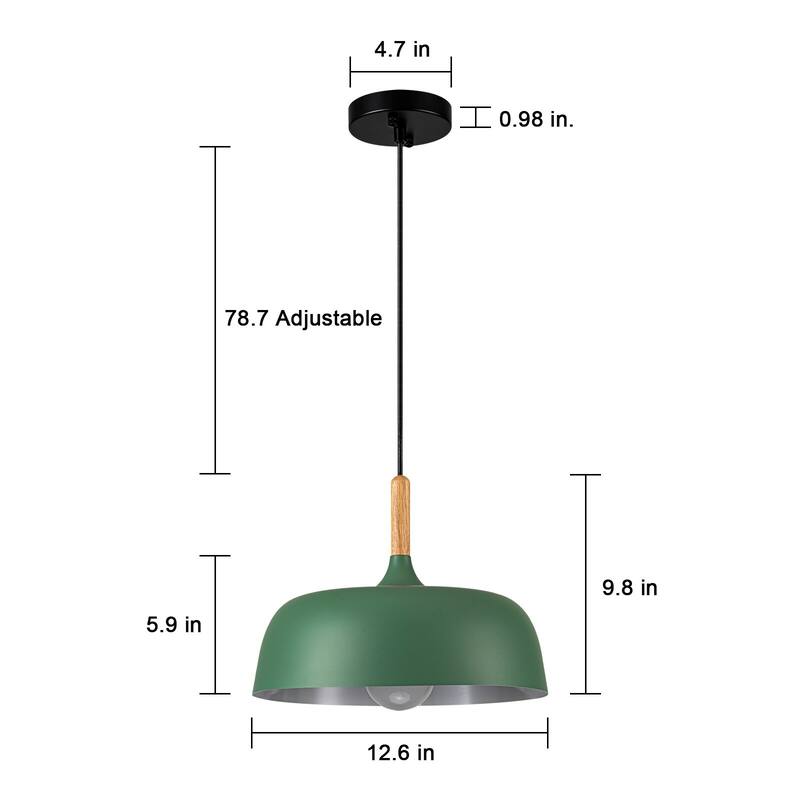 Modern 1-Light Green Dome Pendant Light with Decorative Wood Accent