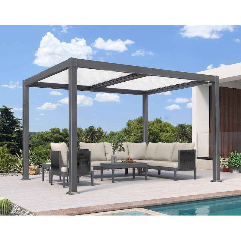 PURPLE LEAF Outdoor Louvered Pergola with Adjustable Metal Roof for Patio Pergola - 10' x 12' - Grey & White