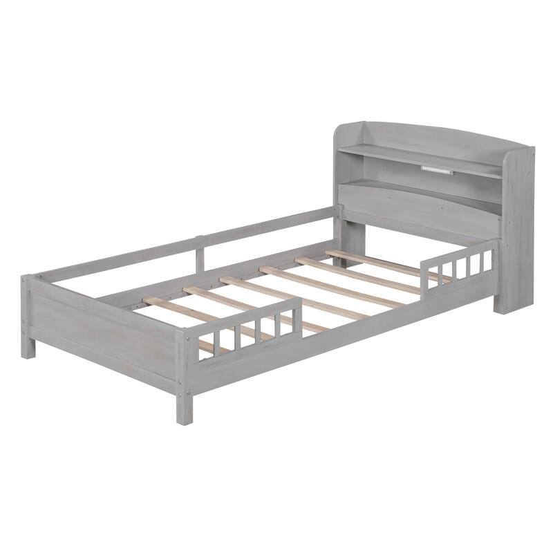 Twin Size LED Platform Bed with Storage Headboard & Guardrail, Antique Grey