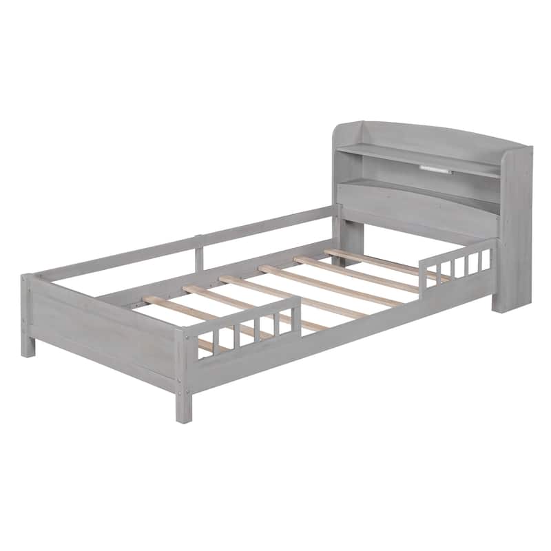 Wood Twin Platform Bed with LED Light, Storage, Guardrail - Classic Style