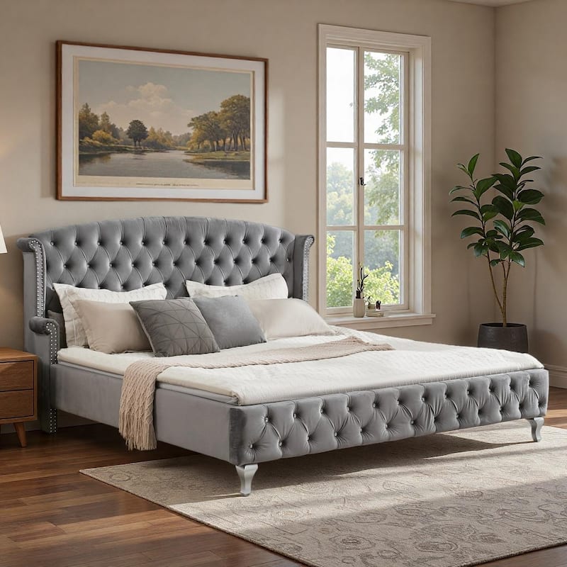 Christopher Knight Home - Larkswood Velvet Upholstered King Size Bed Frame with Wingback Headboard - Dark Grey