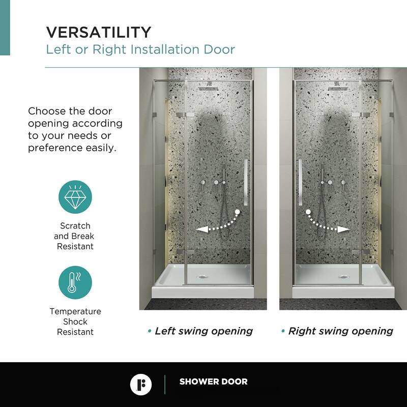 Fine Fixtures Hinged Clear Frameless Glass Shower Door Enclosure