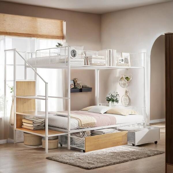 slide 2 of 9, Stylish Twin Over Full Metal Bunk Bed with Drawer, Lateral Storage Ladder and Wardrobe, Top Bunk with Wire Shelving White