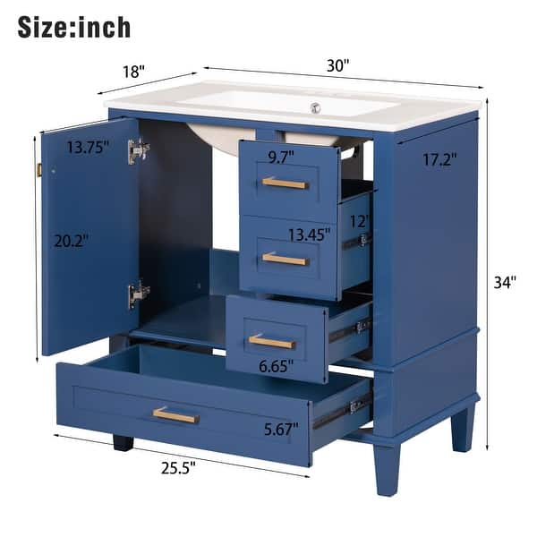 dimension image slide 0 of 8, GDFStudio - Iris Modern 30" Bathroom Vanity with Ceramic Sink, Soft-Close Door & 3 Drawers