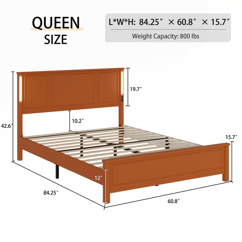 Platform Bed Frame with Wood Headboard and Footboard,Charging Station and LED Lights