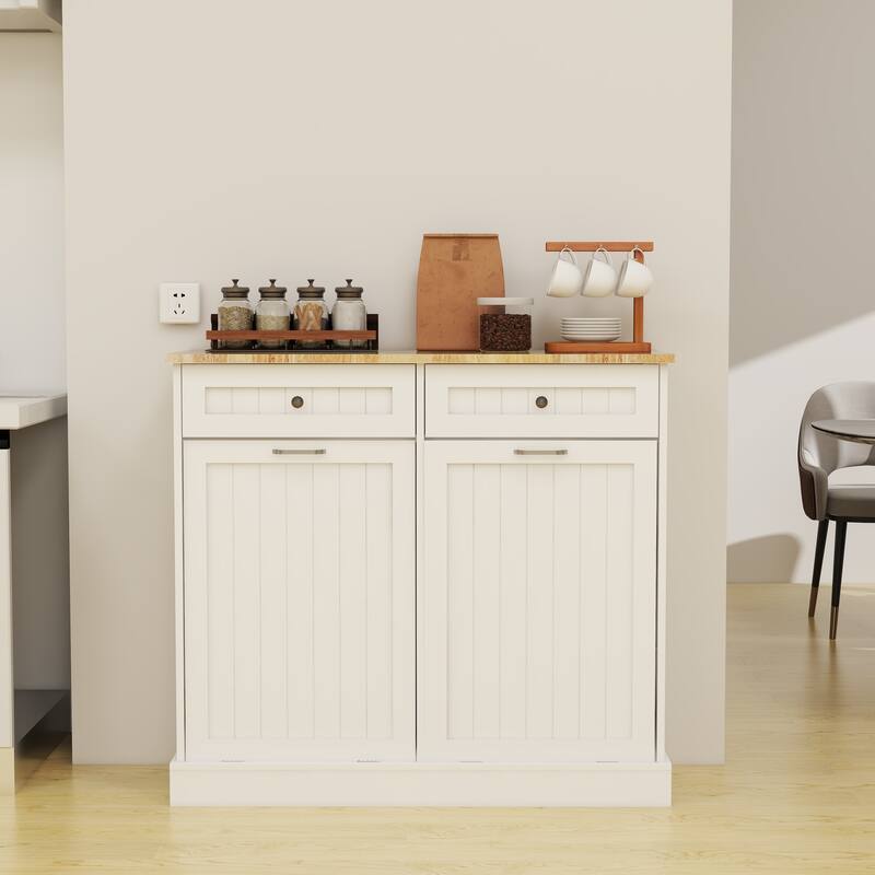 Kitchen Tilt-Out Trash Cabinet with 2 Drawers and 2 Compartment - White
