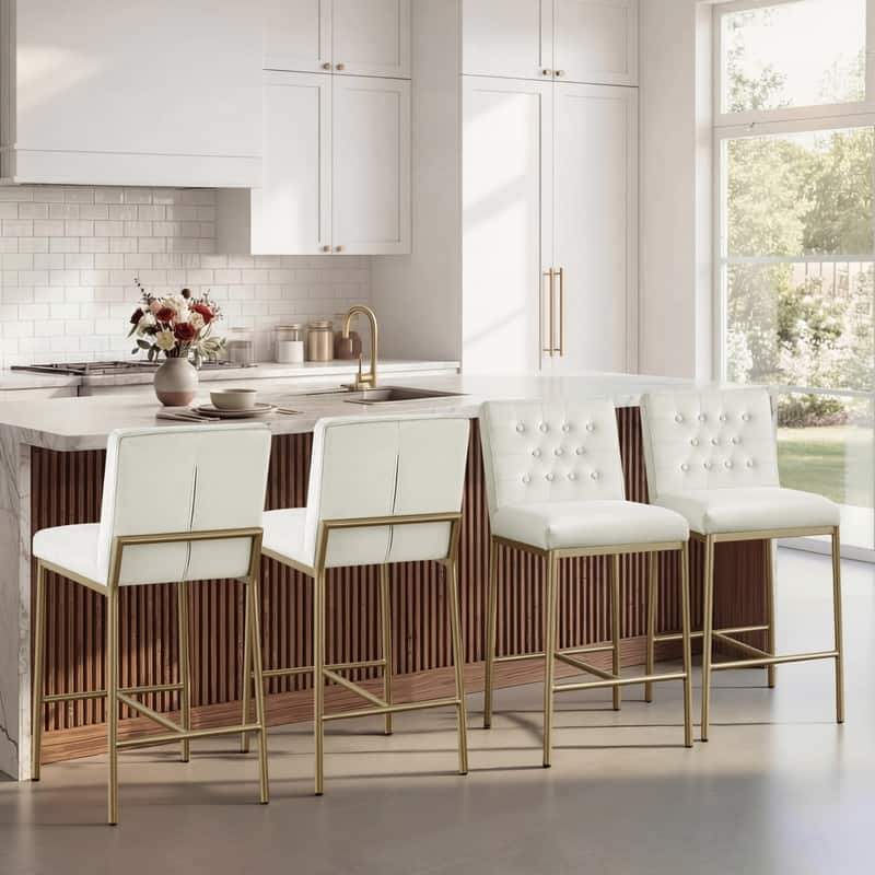 Spruce & Spring Velvet Tufted Counter Bar Stool with Metal Frame - Set of 4 - Cream