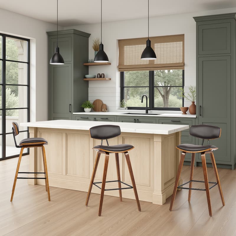 Fox Mid-Century Bar Stool, Upholstered Counter Height Chair with Bentwood Legs - Set of 3 - Brown & Walnut - Counter Height