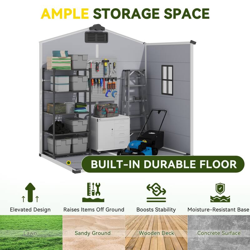 EROMMY Outdoor Storage Shed with Built-In Floor, Lockable Double Doors & Sloped Roof, Gray/Black