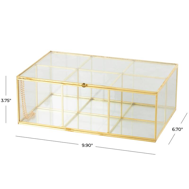Clear Glass 3 or 6 Slot Jewelry Box with Gold Metal Frame and Chain Accent