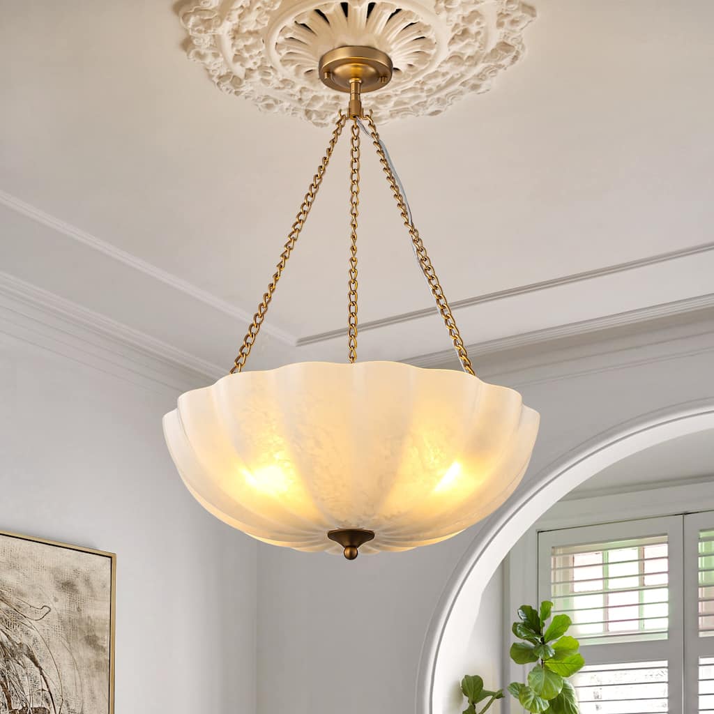 Elegant Gold and Glass Chandelier 3-Light Pendant Light Fixture with Frosted Dome Design