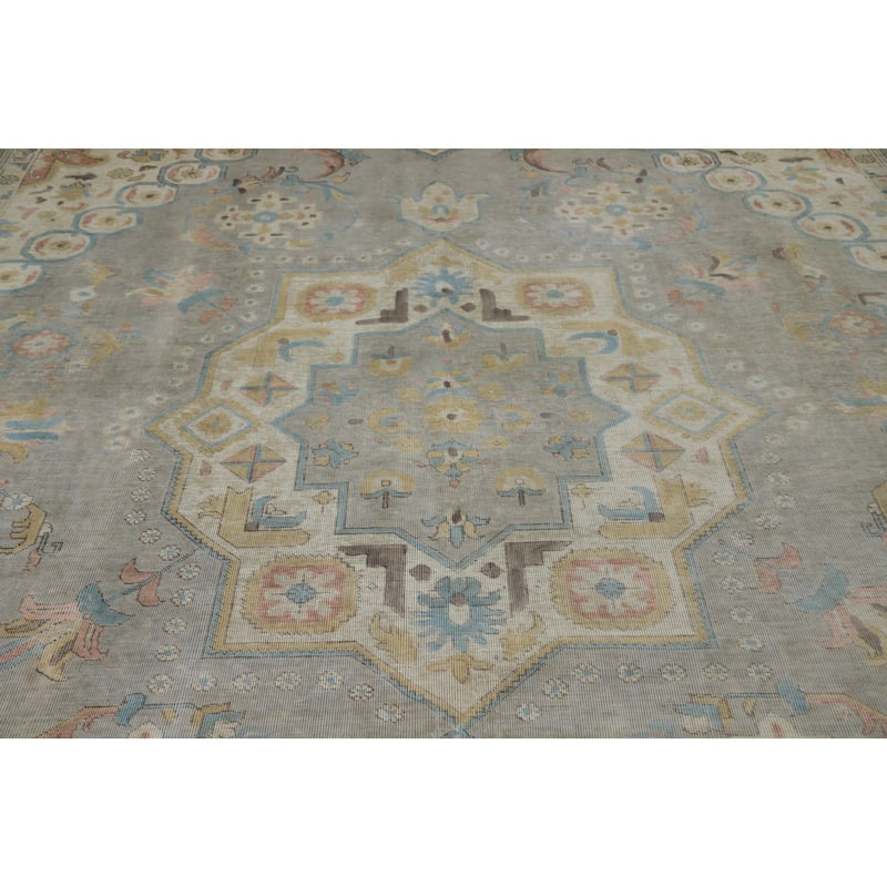 Hand Knotted Oriental 100% Wool Carpet Traditional Medallion Greys & Charcoal Tabriz Area Rug - 12' 2'' X 9' 8''