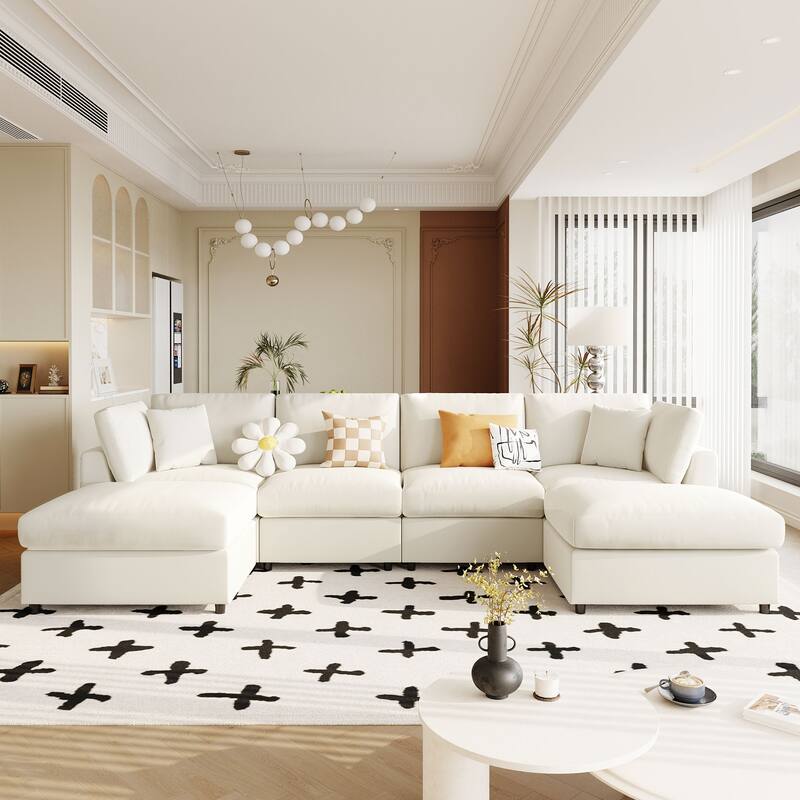 Chenille U-Shaped Sectional Sofa with 2 Movable Ottomans & Solid Wood Frame