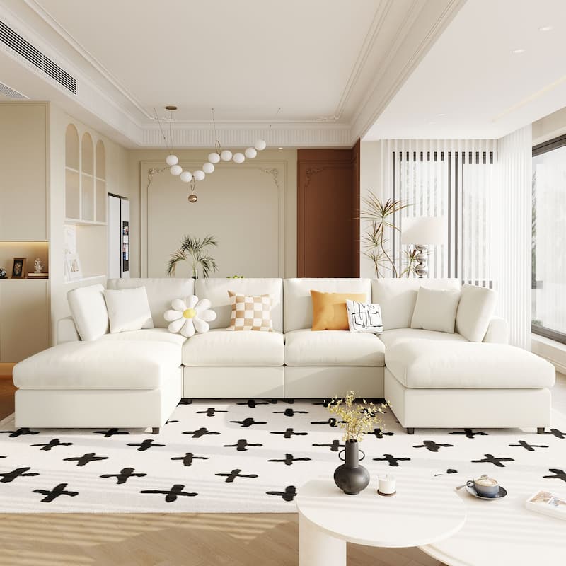 U-Shaped Modular Design Chenille Fabric Sectional Sofa with 2 Movable Ottomans