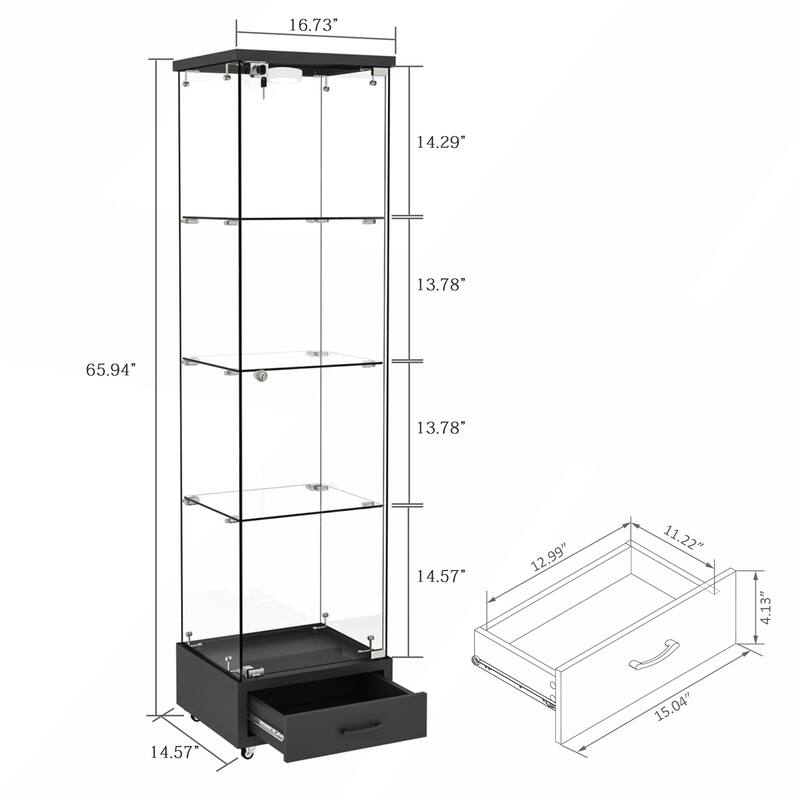 Modern Glass Display Cabinet with Drawer and LED lights for Living Room and Bedroom