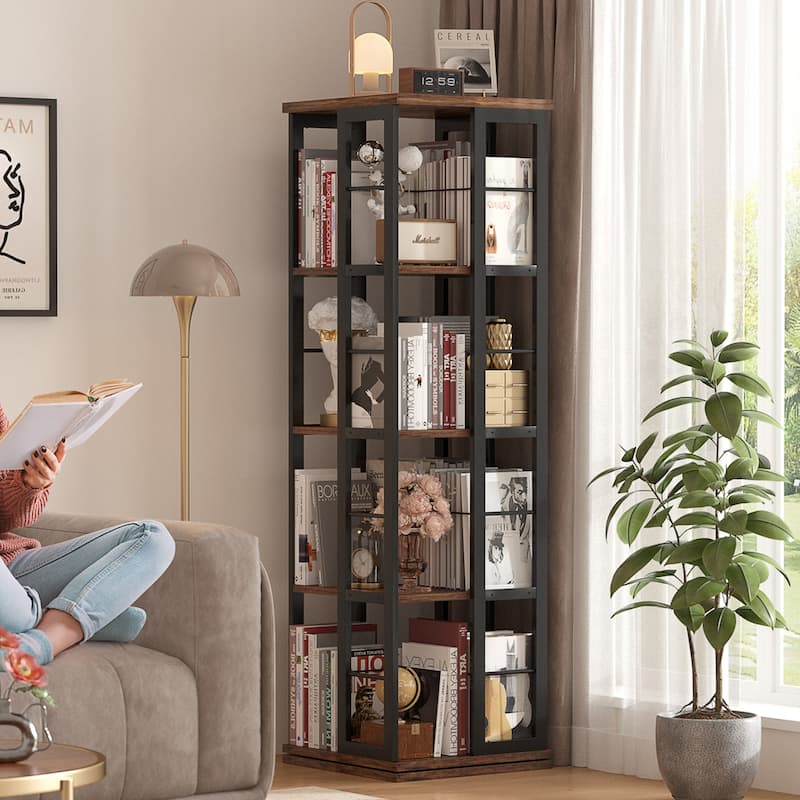 Corner Rotating Bookshelf, 360 Display Wood Spinning Bookshelf, Floor Standing Bookcase Organizer Storage Rack - Rustic Brown