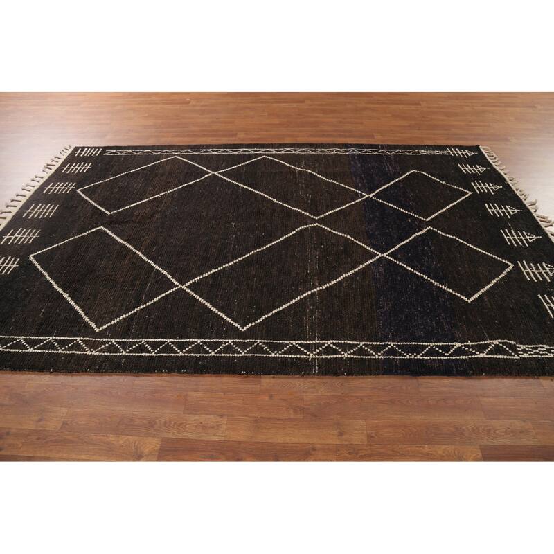 Dark Brown Trellis Moroccan Oriental Area Rug Hand-Knotted Wool Carpet - 5'11"x 9'7"