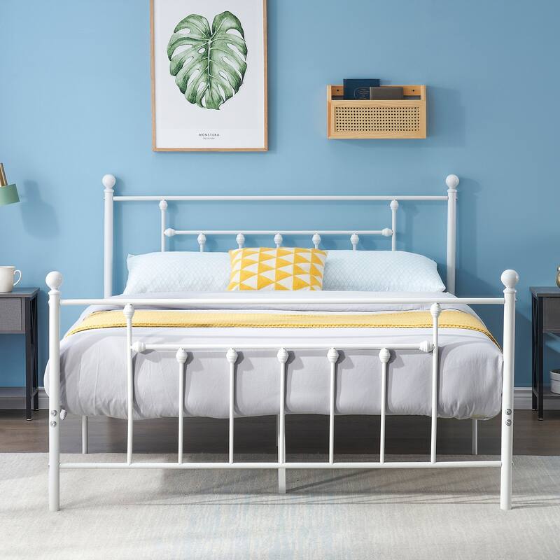 VECELO White Full Size Metal Bed Frame with Victorian Headboard Heavy Duty Bed Frame with Center Support 12.6in Underbed Storage - Queen
