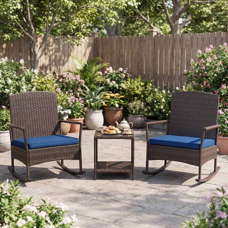 Costway 3 Piece Patio Rocking Set Wicker Rocking Chairs with 2-Tier - See Details