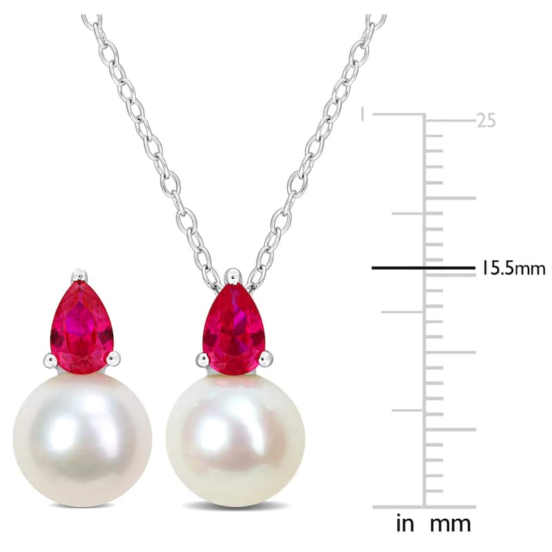 Miadora Cultured Freshwater Pearl 2ct TGW Created Ruby Jewelry Set Sterling Silver