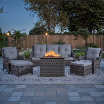 6 Pieces Outdoor Chair Sofa Ottoman with Fire Pit Table - Grey