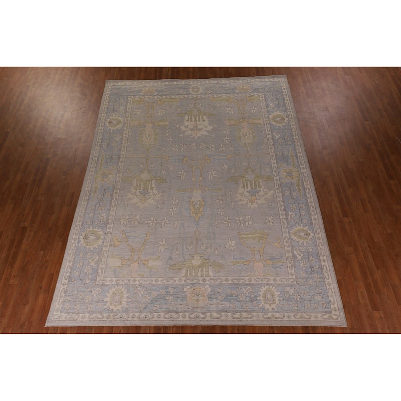 Vegetable Dye Oushak Turkish Area Rug Handmade Floral Grey Wool Carpet - 9'1" x 11'11"
