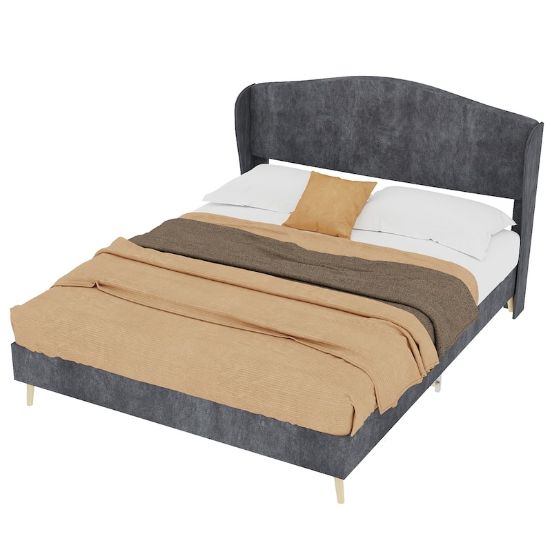 Upholstered Bed Frame Fabric Platform Bed with Wingback Headboard/Wood Slats Support/No Box Spring Needed/Noise-Free Structure